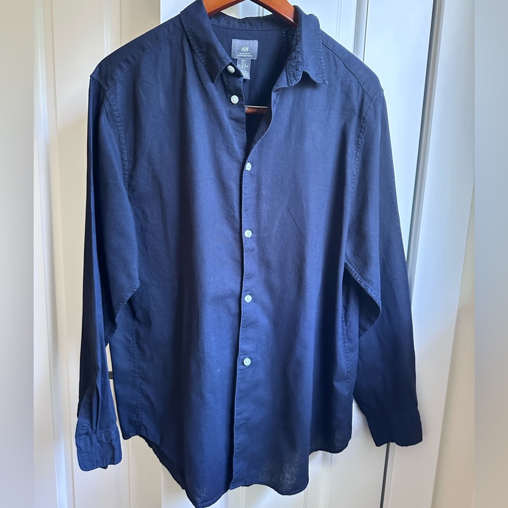 Navy Button-Up 100% Linen/Cotton Blend Ladies Shirt
